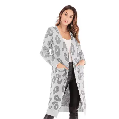Women Fashion Casual Autumn And Winter Leopard Long-Sleeve Loose Mid-Length Knitted Coat