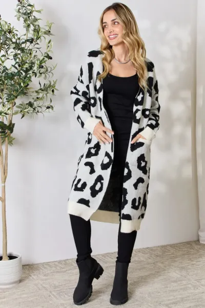 Women Fashion Casual Autumn And Winter Leopard Long-Sleeve Loose Mid-Length Knitted Coat