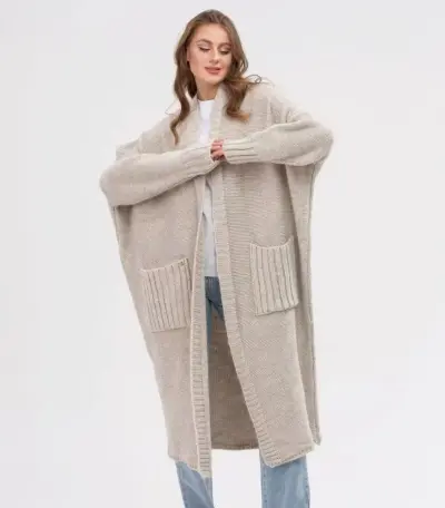 Women Fashion Casual Autumn Winter Solid Color Long-Sleeve Loose Knitted Mid-Length Coat