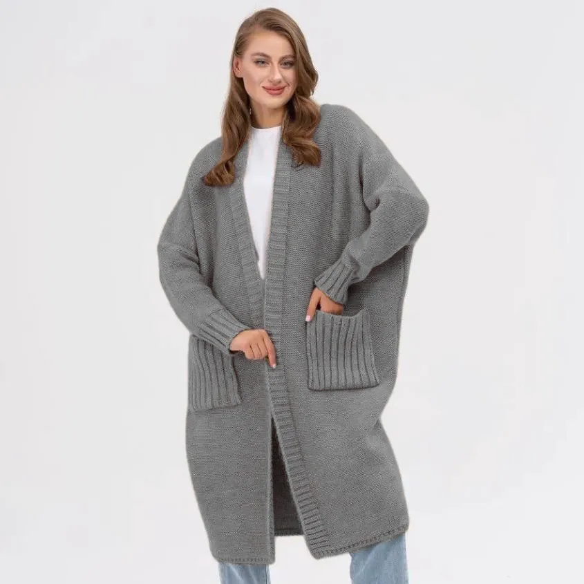 Women Fashion Casual Autumn Winter Solid Color Long-Sleeve Loose Knitted Mid-Length Coat