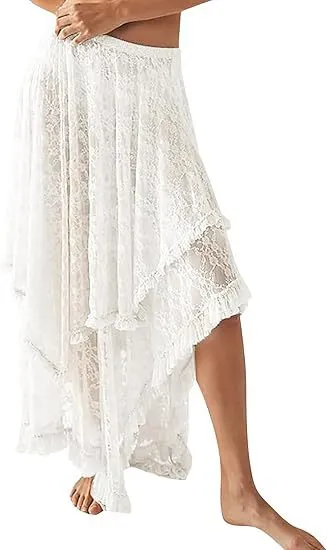 Women Fashion Sexy Summer Solid Color Irregular Lace Mid-Length Skirt