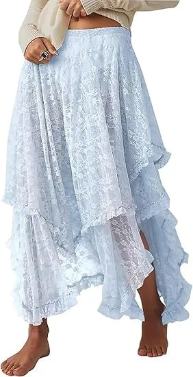Women Fashion Sexy Summer Solid Color Irregular Lace Mid-Length Skirt