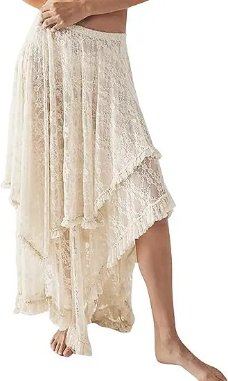 Women Fashion Sexy Summer Solid Color Irregular Lace Mid-Length Skirt