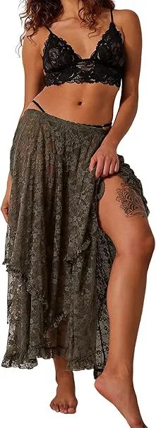Women Fashion Sexy Summer Solid Color Irregular Lace Mid-Length Skirt