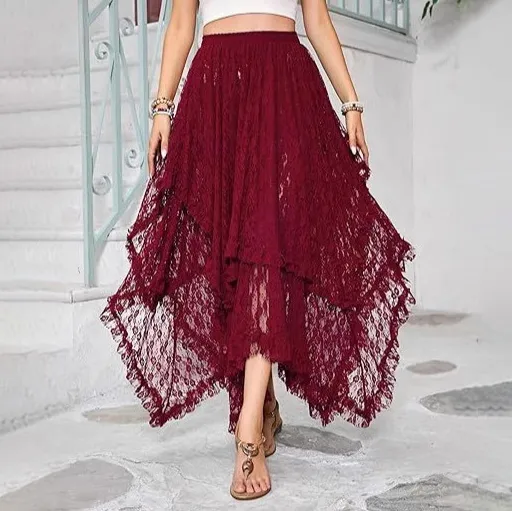 Women Fashion Sexy Summer Solid Color Irregular Lace Mid-Length Skirt