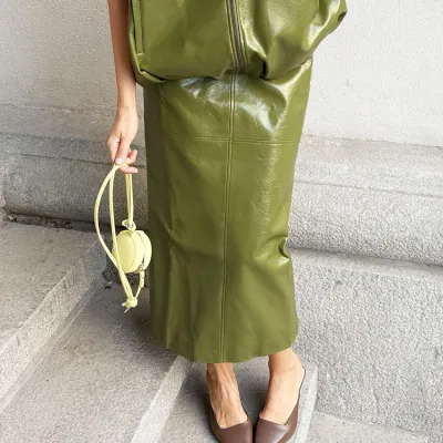 Women Fashion Elegant Autumn And Winter Solid Color Pu Leather Mid-Length Split Skirt