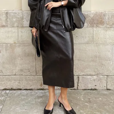 Women Fashion Elegant Autumn And Winter Solid Color Pu Leather Mid-Length Split Skirt