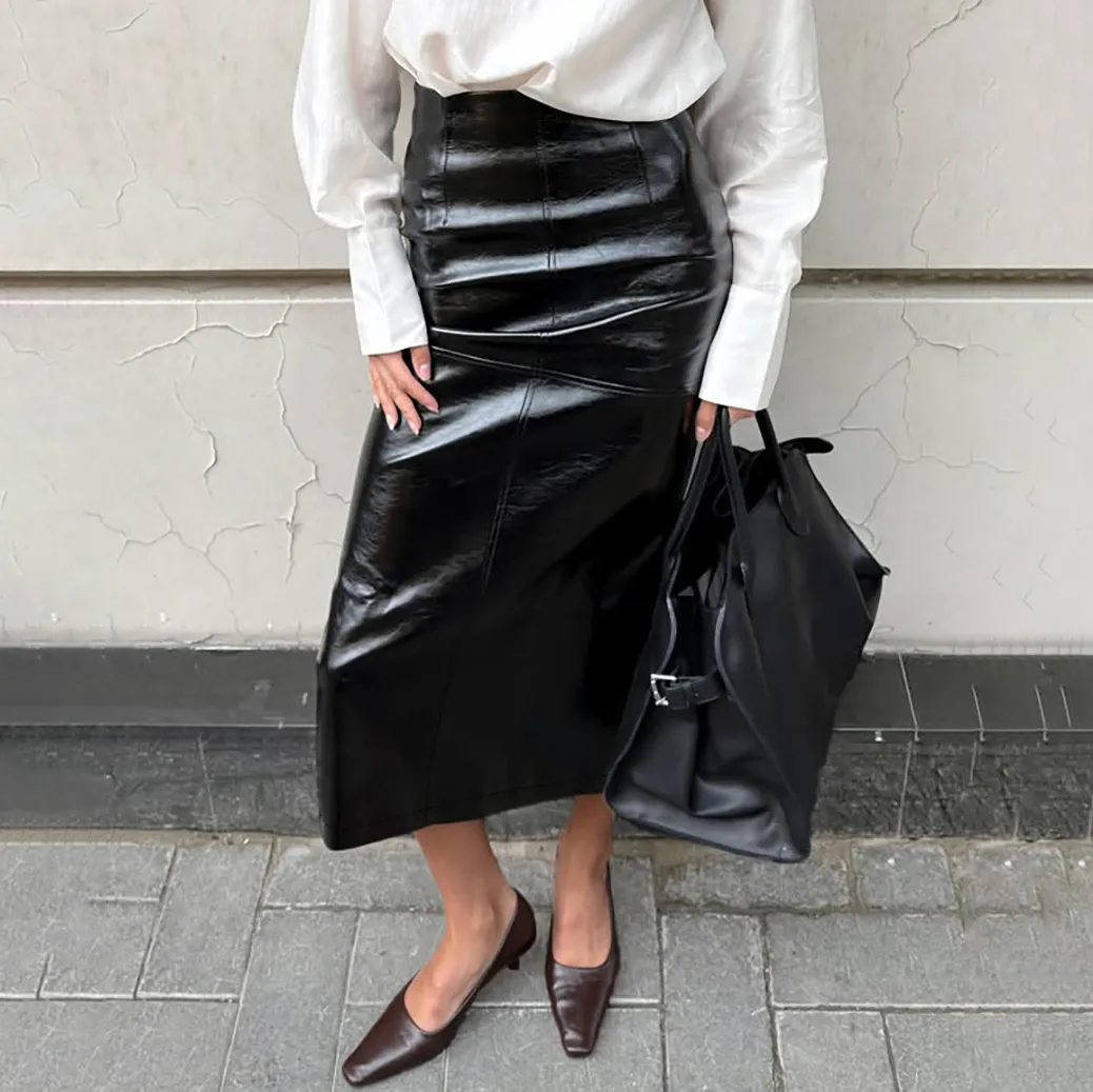 Women Fashion Elegant Autumn And Winter Solid Color Pu Leather Mid-Length Split Skirt