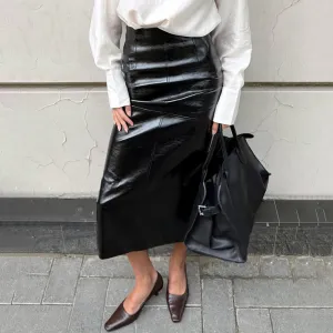 Women Fashion Elegant Autumn And Winter Solid Color Pu Leather Mid-Length Split Skirt