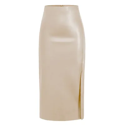 Women Fashion Autumn And Winter Solid Color Pu Leather Split High Waist Slim-Fit Zipper Skirt