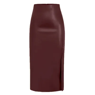 Women Fashion Autumn And Winter Solid Color Pu Leather Split High Waist Slim-Fit Zipper Skirt