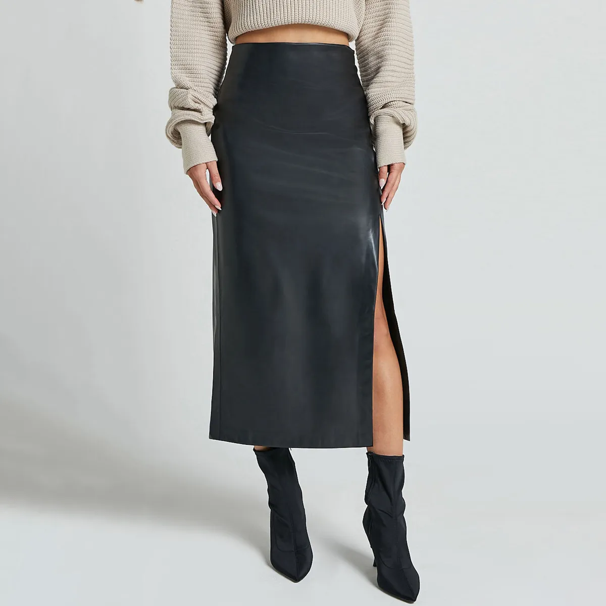 Women Fashion Autumn And Winter Solid Color Pu Leather Split High Waist Slim-Fit Zipper Skirt