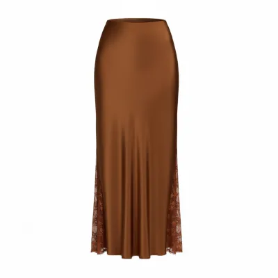 Women Fashion Elegant Summer Solid Color Satin Side Lace High Waist Skirt