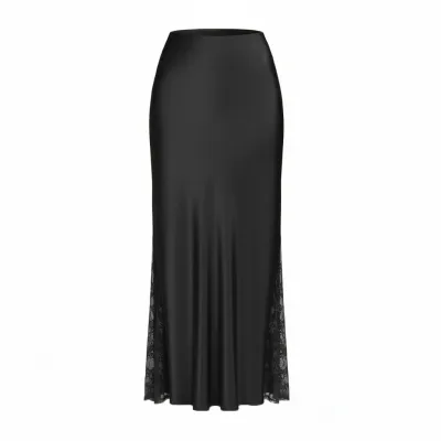 Women Fashion Elegant Summer Solid Color Satin Side Lace High Waist Skirt