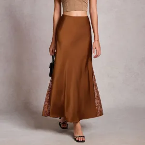 Women Fashion Elegant Summer Solid Color Satin Side Lace High Waist Skirt