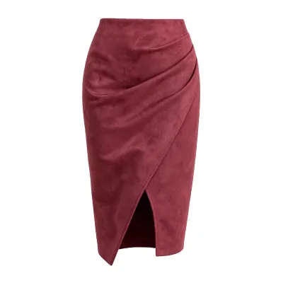 Women Fashion Autumn And Winter Solid Color Suede Pleated Split High Waist Zipper Skirt