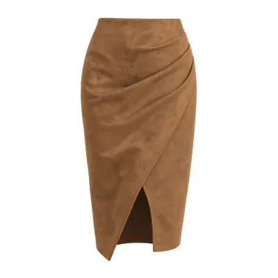Women Fashion Autumn And Winter Solid Color Suede Pleated Split High Waist Zipper Skirt