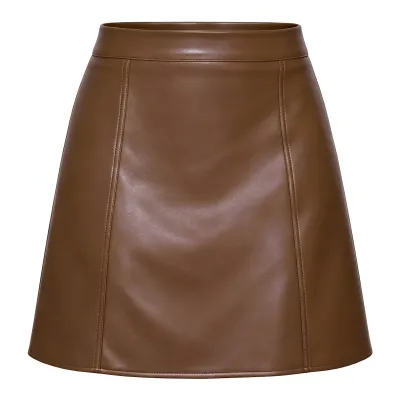 Women Fashion Autumn And Winter Solid Color Pu Leather High Waist Zipper Skirt