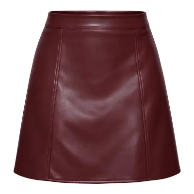 Women Fashion Autumn And Winter Solid Color Pu Leather High Waist Zipper Skirt