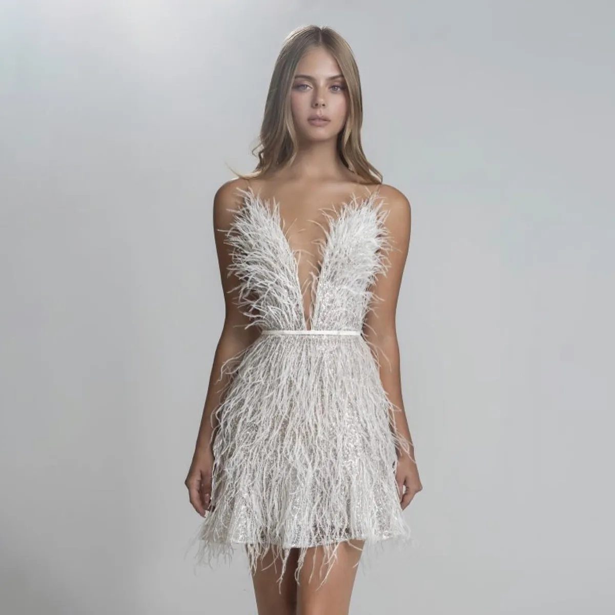 Women Fashion Sexy Feather Stitching Deep V-Neck Backless Party Dress