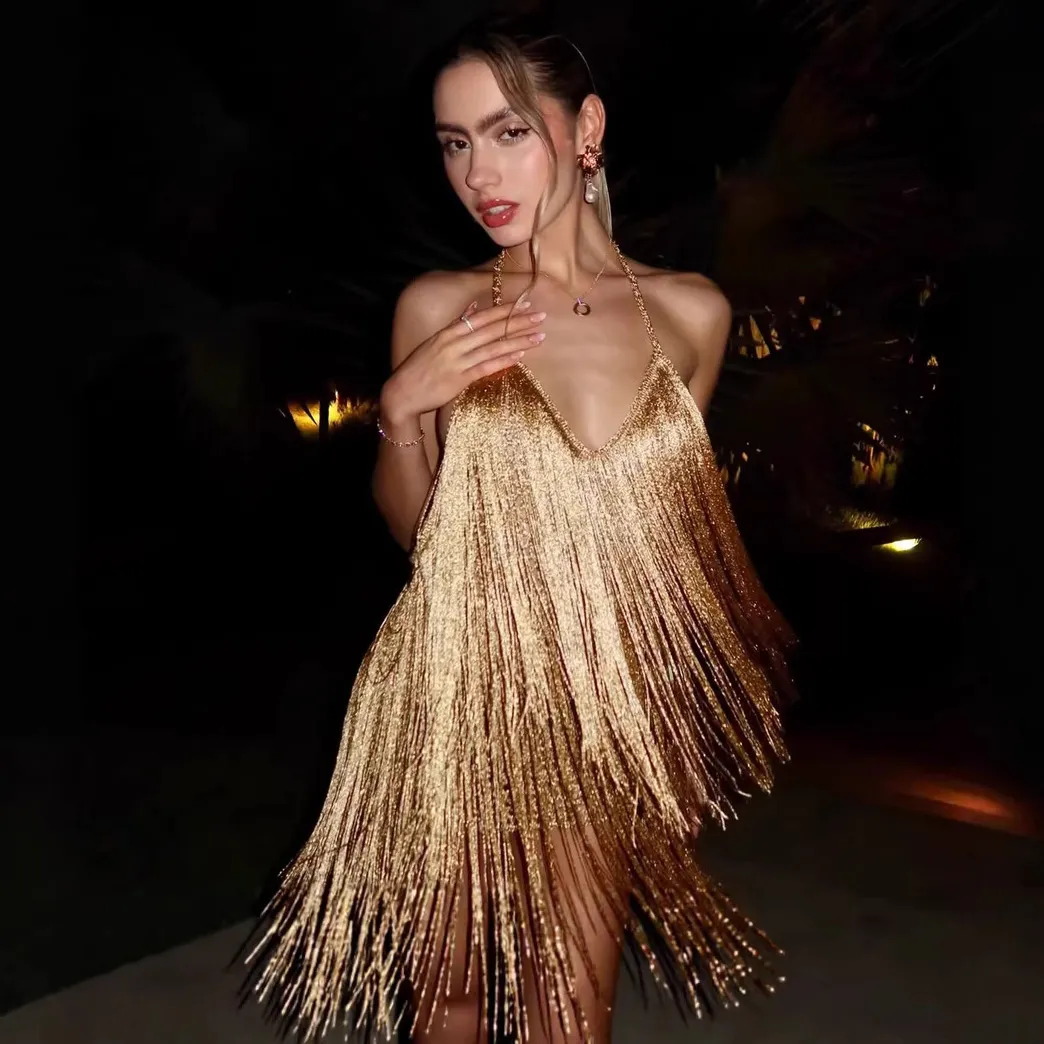 Women Fashion Sexy Summer Solid Color Stitching Tassel Backless Party Dress