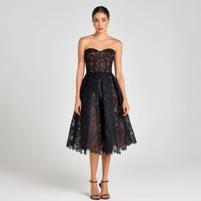 Women Fashion Sexy Summer Solid Color Embroidered Lace Evening Party Dress