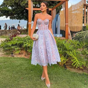 Women Fashion Sexy Summer Solid Color Embroidered Lace Evening Party Dress