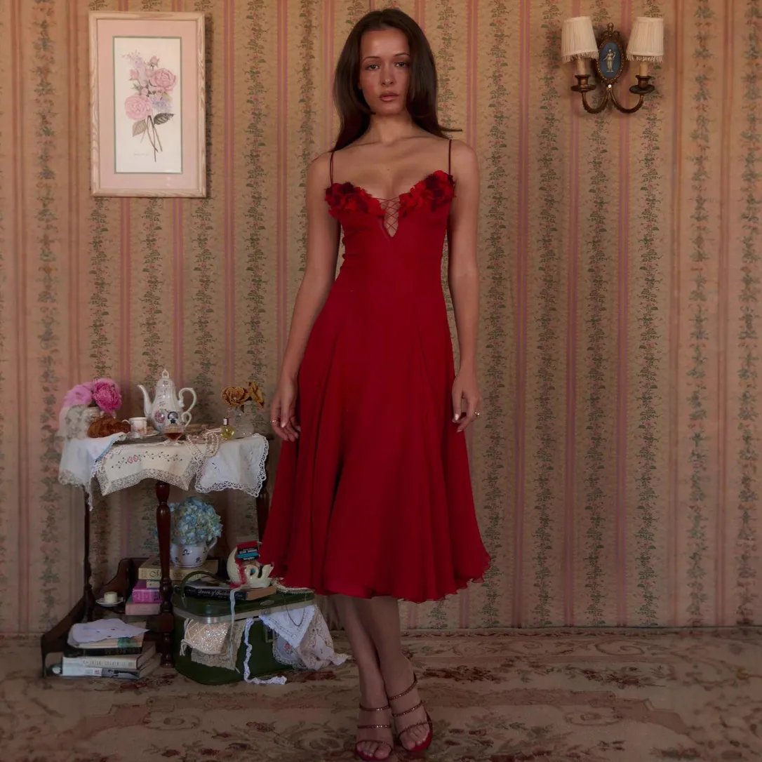 Women Fashion Elegant Solid Color Spaghetti Strap Wedding Party Dress