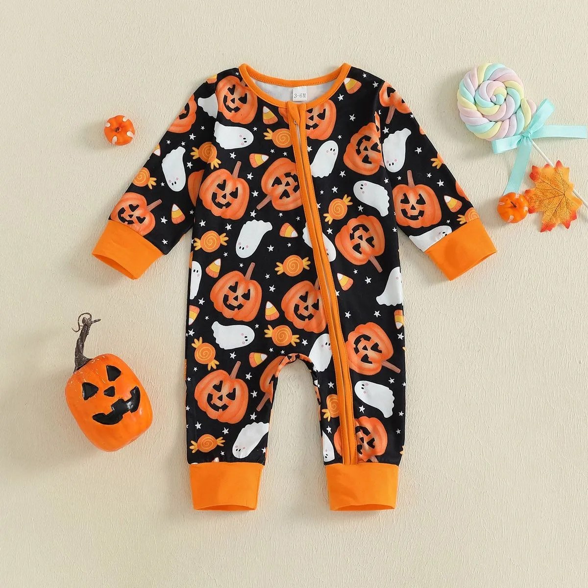 Halloween Kids Baby Boiys And Girls Fashion Cute Pumpkin Print Oblique Zipper Long-Sleeve Rompers