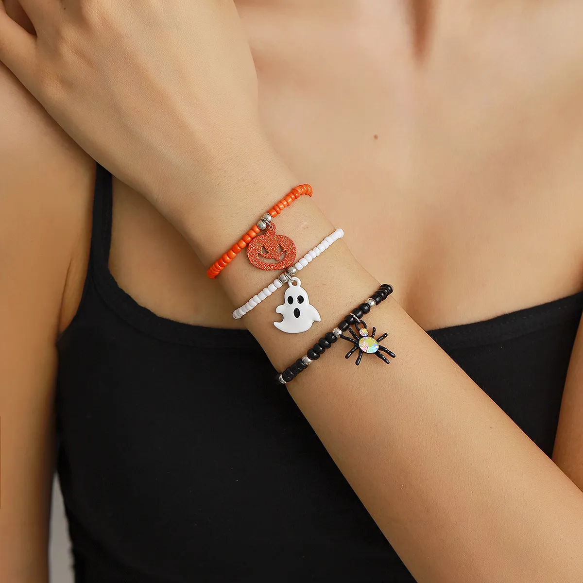 Halloween Women Fashion Funny Spider Ghost Pumpkin Beaded Bracelet 3pcs-Set