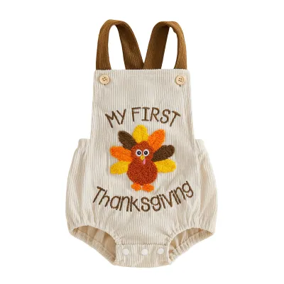 Thanksgiving Kids Baby Boys And Girls Fashion Cute Turkey Towel Embroidered Corduroy Rompers