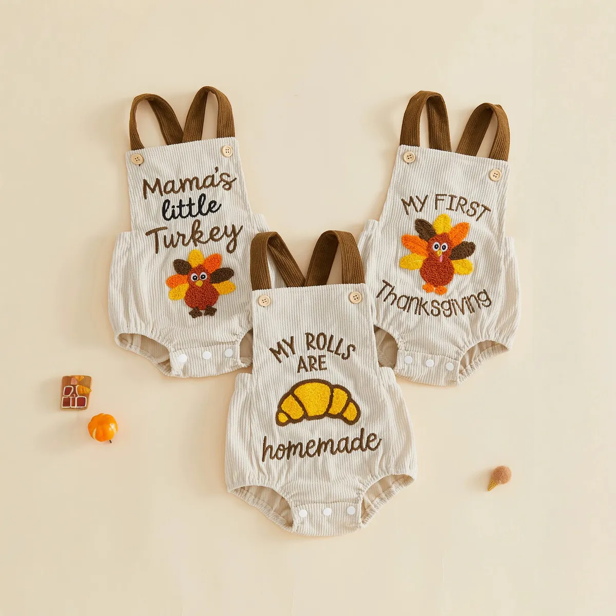 Thanksgiving Kids Baby Boys And Girls Fashion Cute Turkey Towel Embroidered Corduroy Rompers