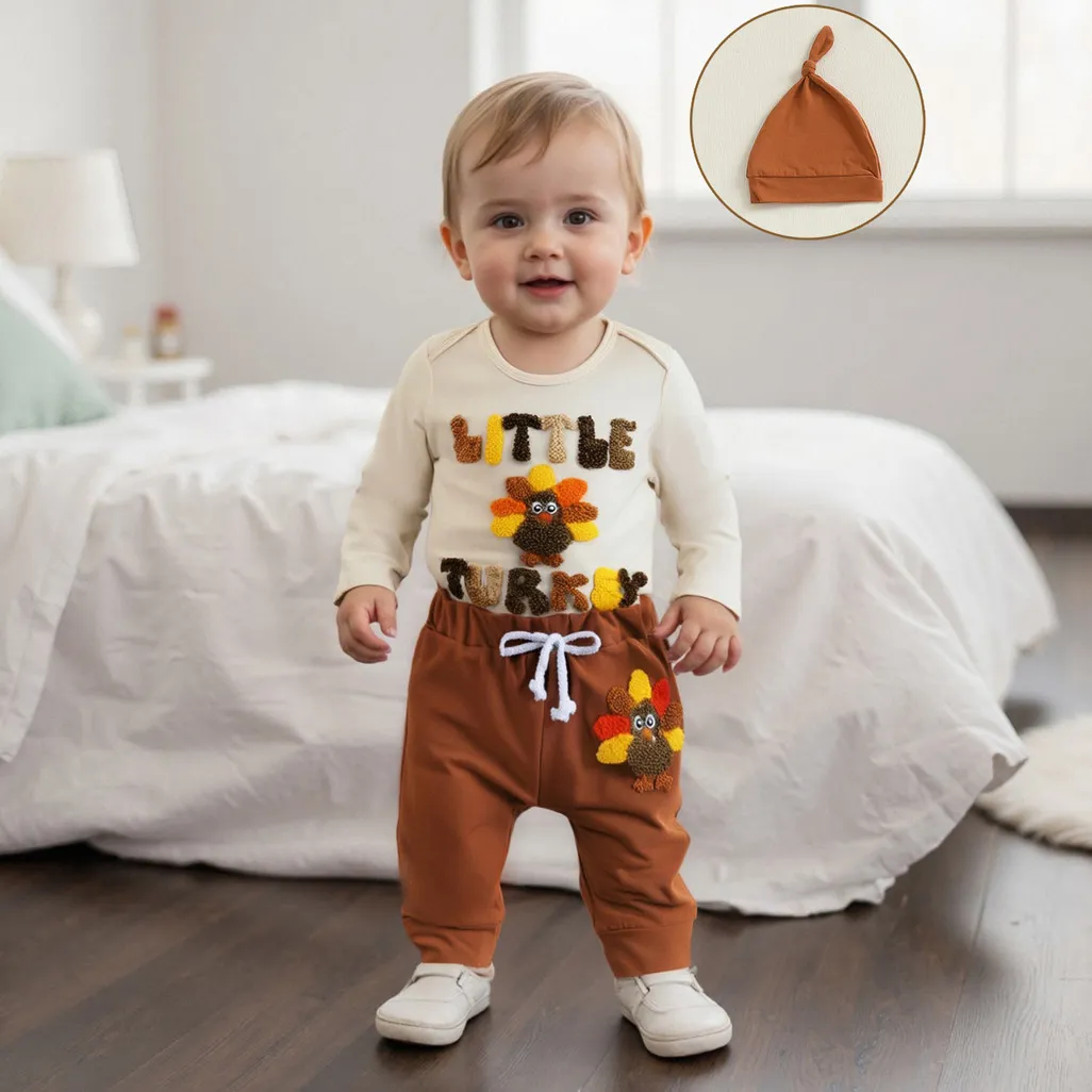 Thanksgiving Kids Baby Boy Fashion Cartoon Turkey Embroidery Long-Sleeve Rompers Pants Hat Three-Piece Set
