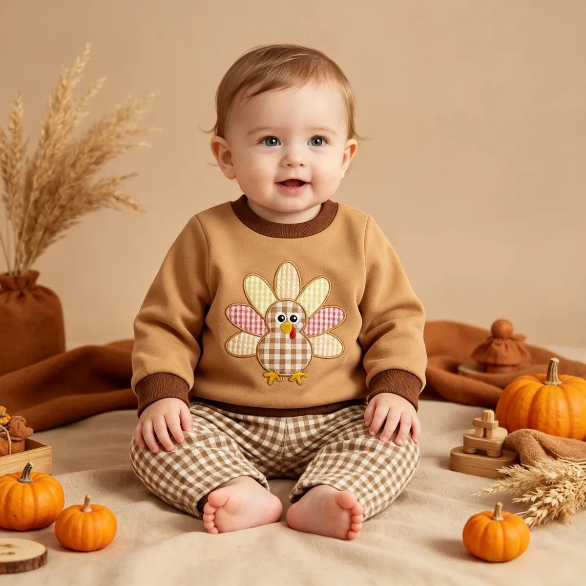 Thanksgiving Kids Baby'S Boysand Girls Fashion Turkey Embroidered Sticker Long Sleeve Sweatshirt Plaid Pants Two-Piece Set
