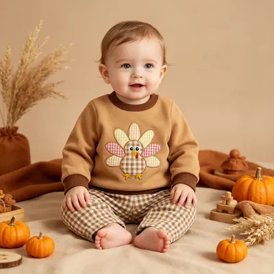 Thanksgiving Kids Baby'S Boysand Girls Fashion Turkey Embroidered Sticker Long Sleeve Sweatshirt Plaid Pants Two-Piece Set