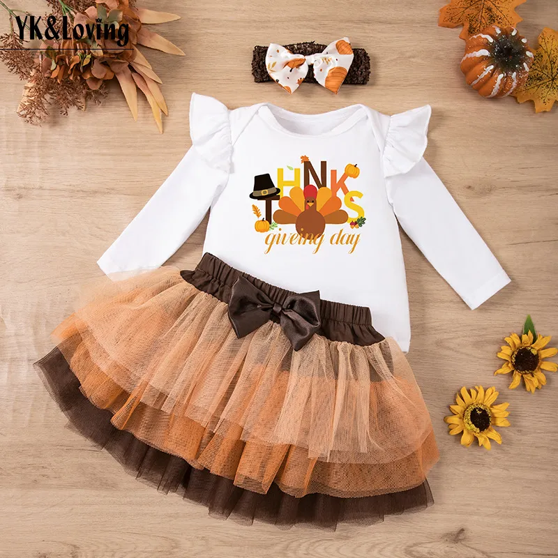 Thanksgiving Kids Baby Girl Fashion Cartoon Turkey Long-Sleeve Rompers Mesh Ruffled Skirt Hairband Three-Piece Set