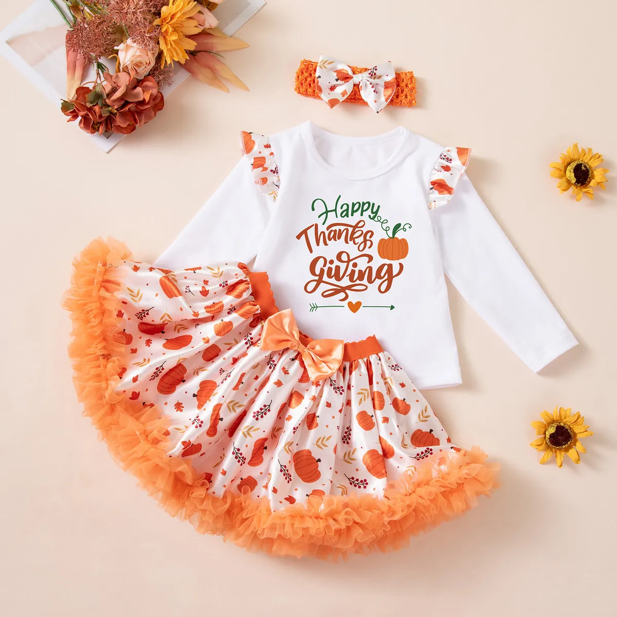Thanksgiving Kids Girls Fashion Cute Pumpkin Printed Long-Sleeve T-Shirt Mesh Skirt Hairband Three-Piece Set