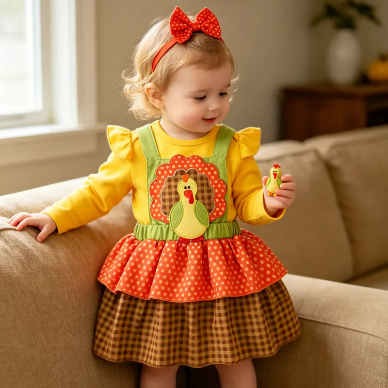 Thanksgiving Kids Baby Girl Turkey Long Sleeve Rompers Pinafore Dress Hairband Three-Piece Set