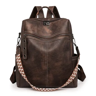 Women Fashion Casual Solid Color Pu Leather Large Capacity Backpack