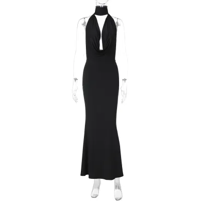 Women Fashion Sexy Summer Solid Color Hollow Collar Backless Slim-Fit Dress