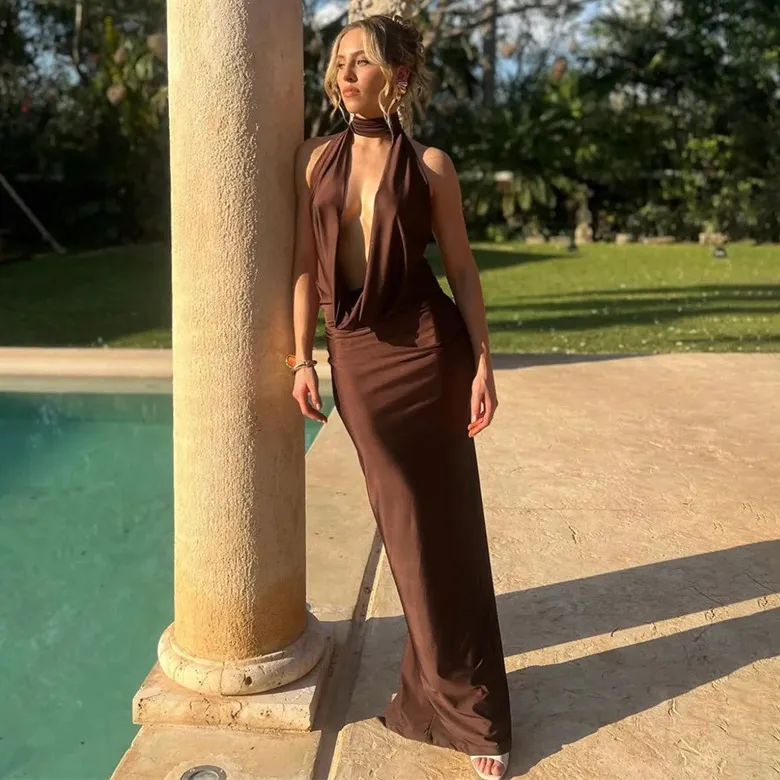 Women Fashion Sexy Summer Solid Color Hollow Collar Backless Slim-Fit Dress