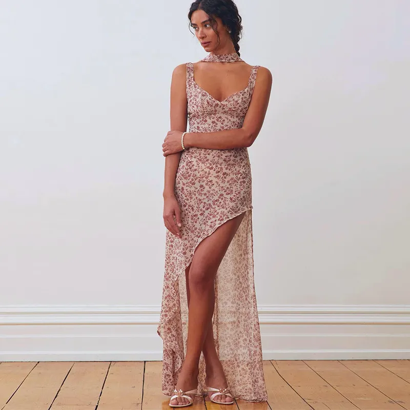 Women Fashion Sexy Summer Flower Printed Backless Split Strap Dress