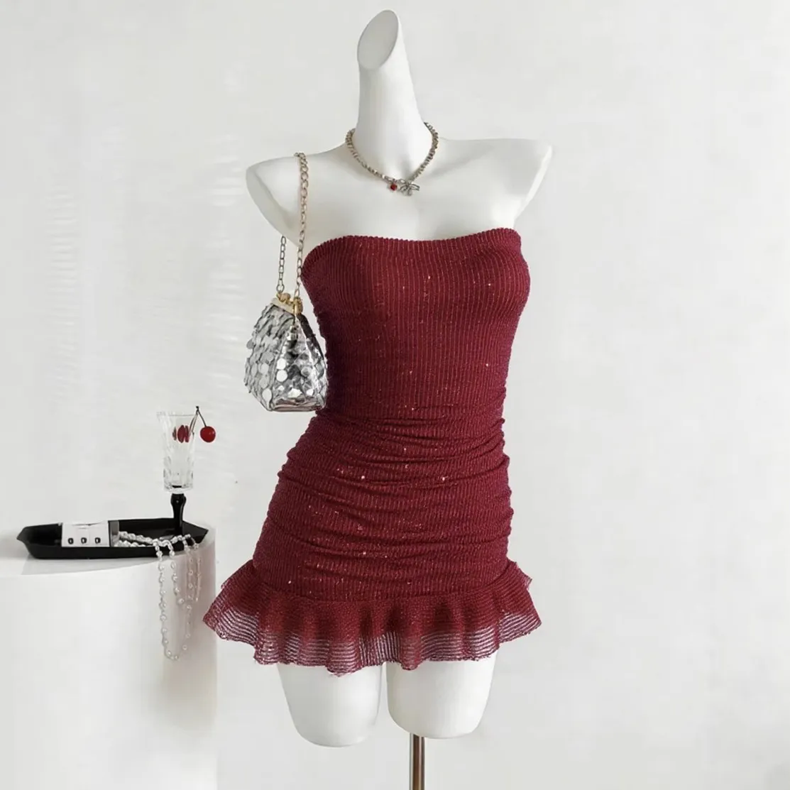 Women Fashion Sexy Solid Color Sequin Tube Top Backless Lace-Up Ruffled Slim-Fit Dress