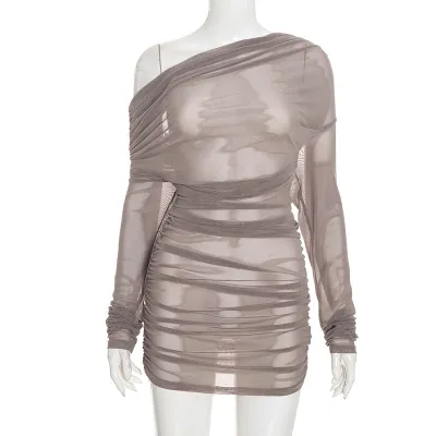 Women Fashion Sexy Solid Color Mesh Slant Shoulder Long-Sleeve Stacked Collar Pleated Slim-Fit Dress