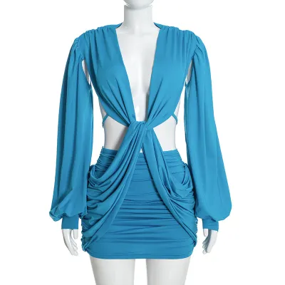 Women Fashion Sexy Solid Color Pleated Hollow-Out Long-Sleeve Slim-Fit Dress