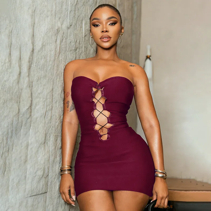 Women Fashion Sexy Summer Solid Color Tube Top Lace-Up Slim Dress
