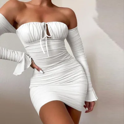 Women Fashion Sexy Solid Color Off-Shoulder Long Sleeve Pleated Lace-Up Dress