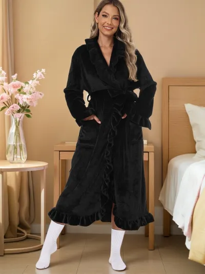 Women Fashion Autumn Winter Warm Flannel Thickened Long-Sleeve Loose Lace-Up Nightgown