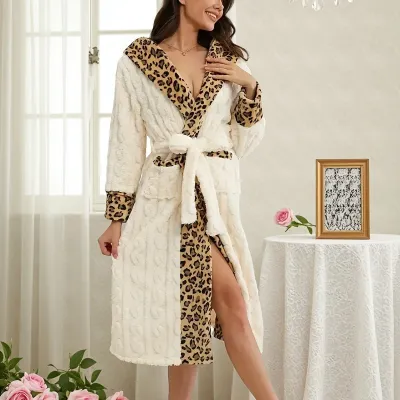 Women Fashion Casual Autumn Winter Leopard Stitching Flannel Long-Sleeve Lace-Up Nightgown