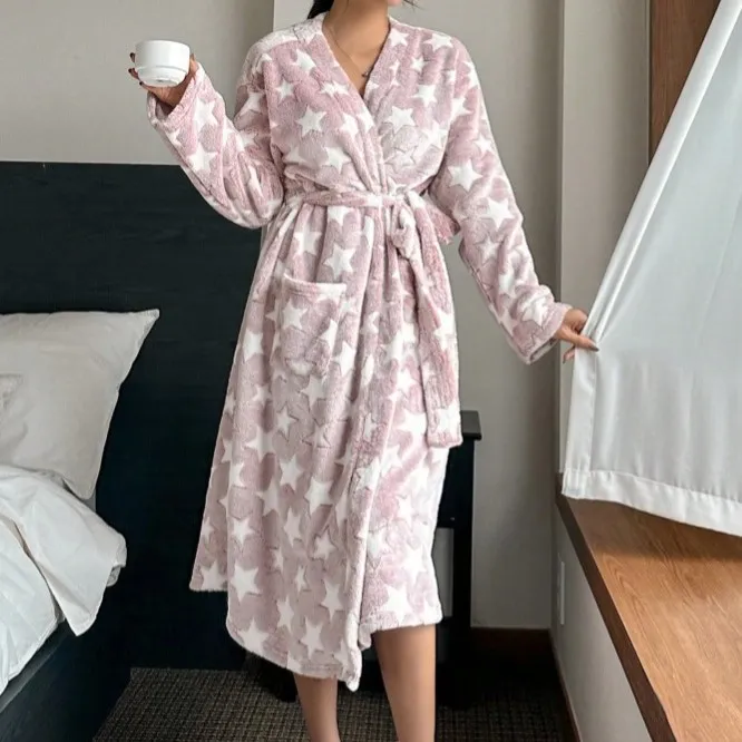 Women Fashion Autumn And Winter Star Printed Flannel Warm Long-Sleeve Lace-Up Nightgown